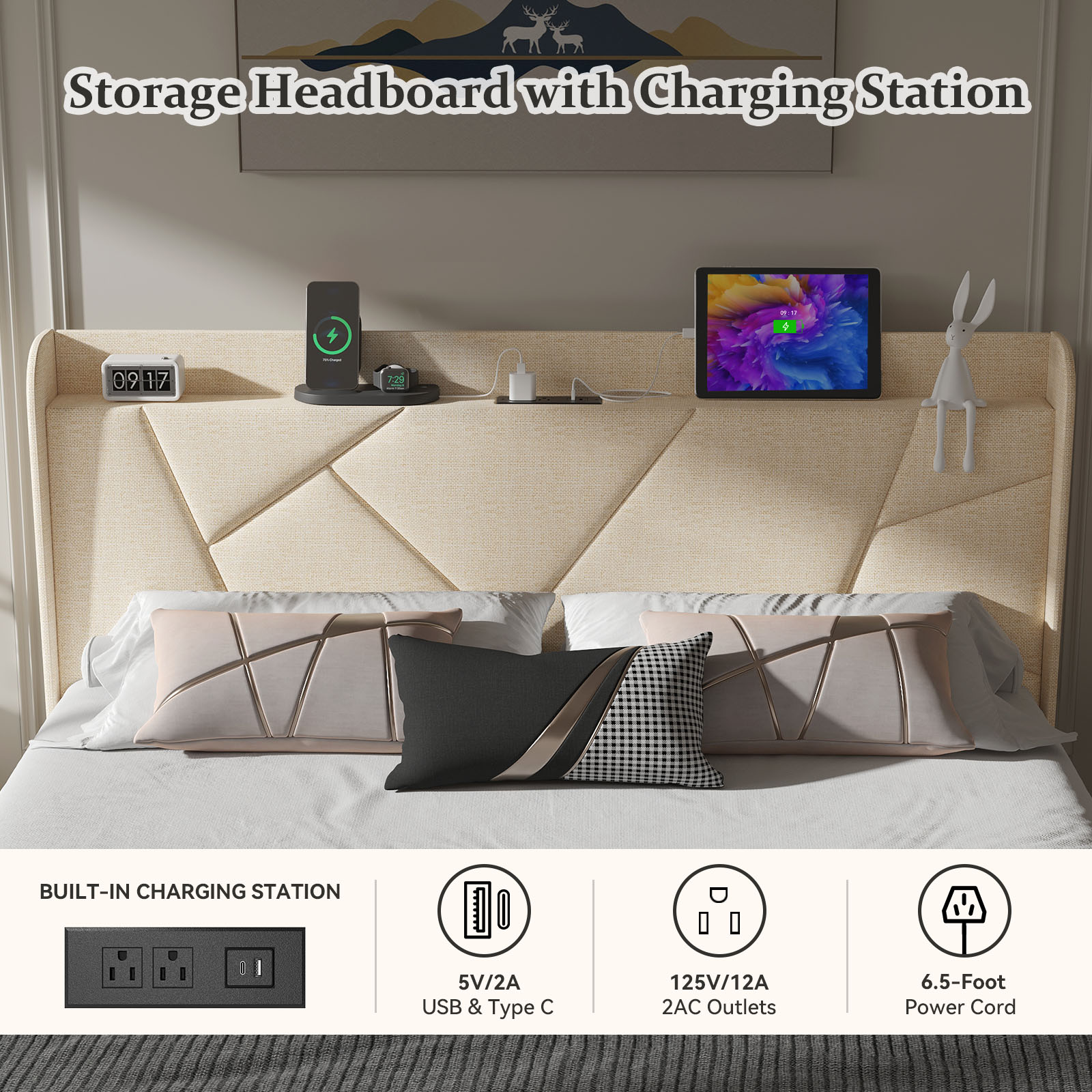 Nisien Full Size Upholstered Platform Bed with Charging Station photo 7