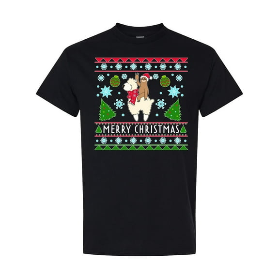 Inktastic Merry Christmas Sloth and Llama Ugly Sweater Style T-Shirt