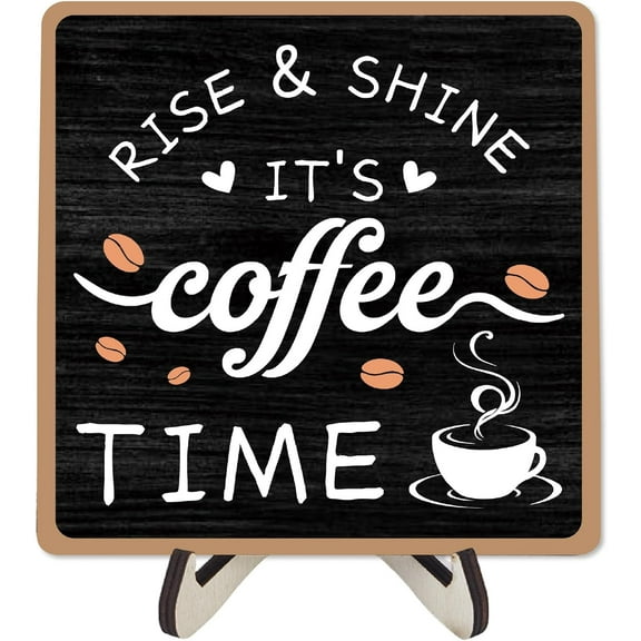 Coffee Time Sign Wood Coffee Plaque Black Square 5.9 x 5.9 Inch Words Rustic Vintage Tabletop Gifts Easel Display Stand Decor Accessories