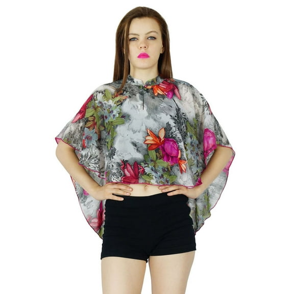 Bimba Women Multicolor custom Poncho Top Floral Georgette Casual Cape Blouse