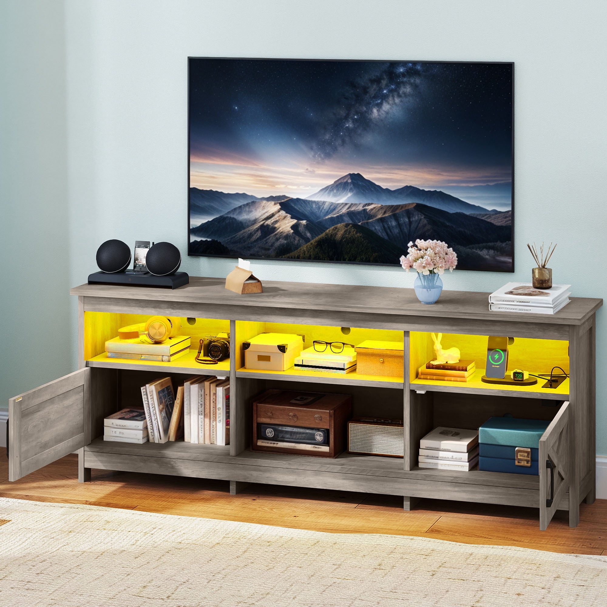 Uforic TV Cabinet with Storage, LED Lights, and Power Outlet for Living Room, Bedroom, or Apartment for 65 Inch TVs, Washed Gray