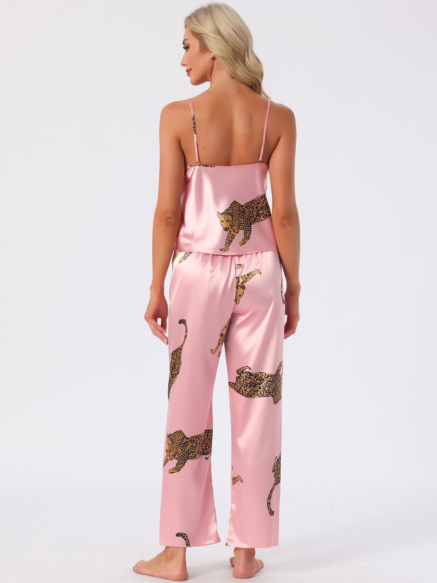 DARING DIVA Women's Leopard Satin Silky Soft V Neck Spaghetti Pants Pajama Set S Pink