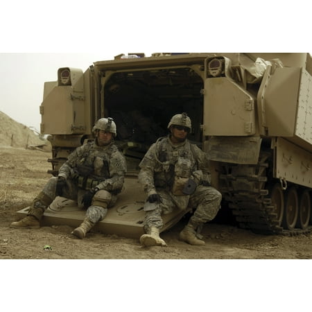 April 24 2007 - US Army soldiers wait at Patrol Base Cashe Iraq to load up into their Bradley vehicle to patrol back to Command Out Post Cahill Salman Pak Iraq Poster