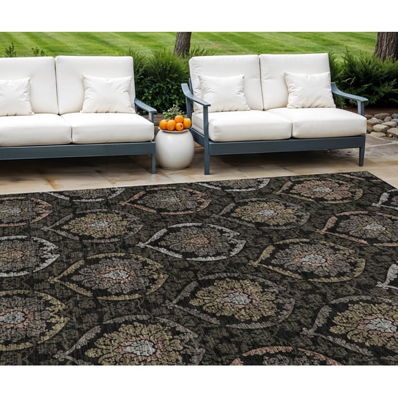 9' X 12' Black Gray And Brown Medallion Washable Indoor Outdoor Area Rug