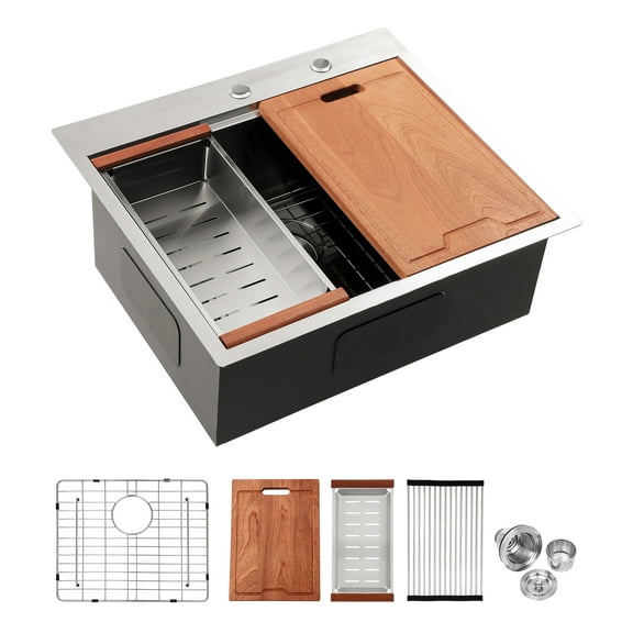 25 x 22 Inches, 16-Gauge Stainless Steel Undermount Single Bowl Kitchen Workstation Sink