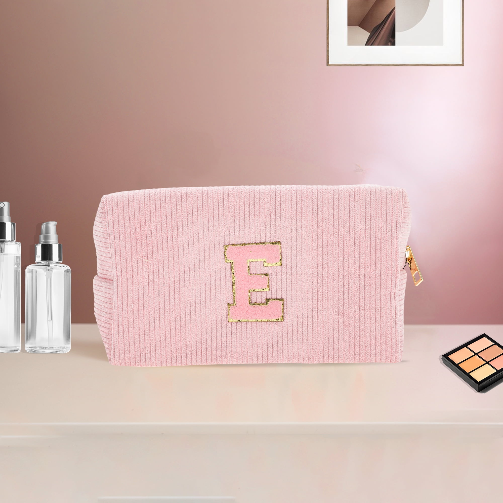 Unique Bargains 1 Pc Corduroy Rectangular Letter Makeup Bag Pink [Letter E]