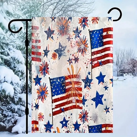RKSupls Patriotic Linen Double Sided Garden Flag, Independence Day Themed Yard Decor, Splatter Flag Fireworks Stars Outdoor Banner for Holiday Lawn