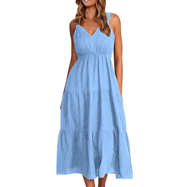 mfyjkho Vestidos para mujer, Vestido playero midi de fiesta sin mangas con aberturas de color liso para mujer, moda de verano, vacaciones Vestidos festivos para mujer l