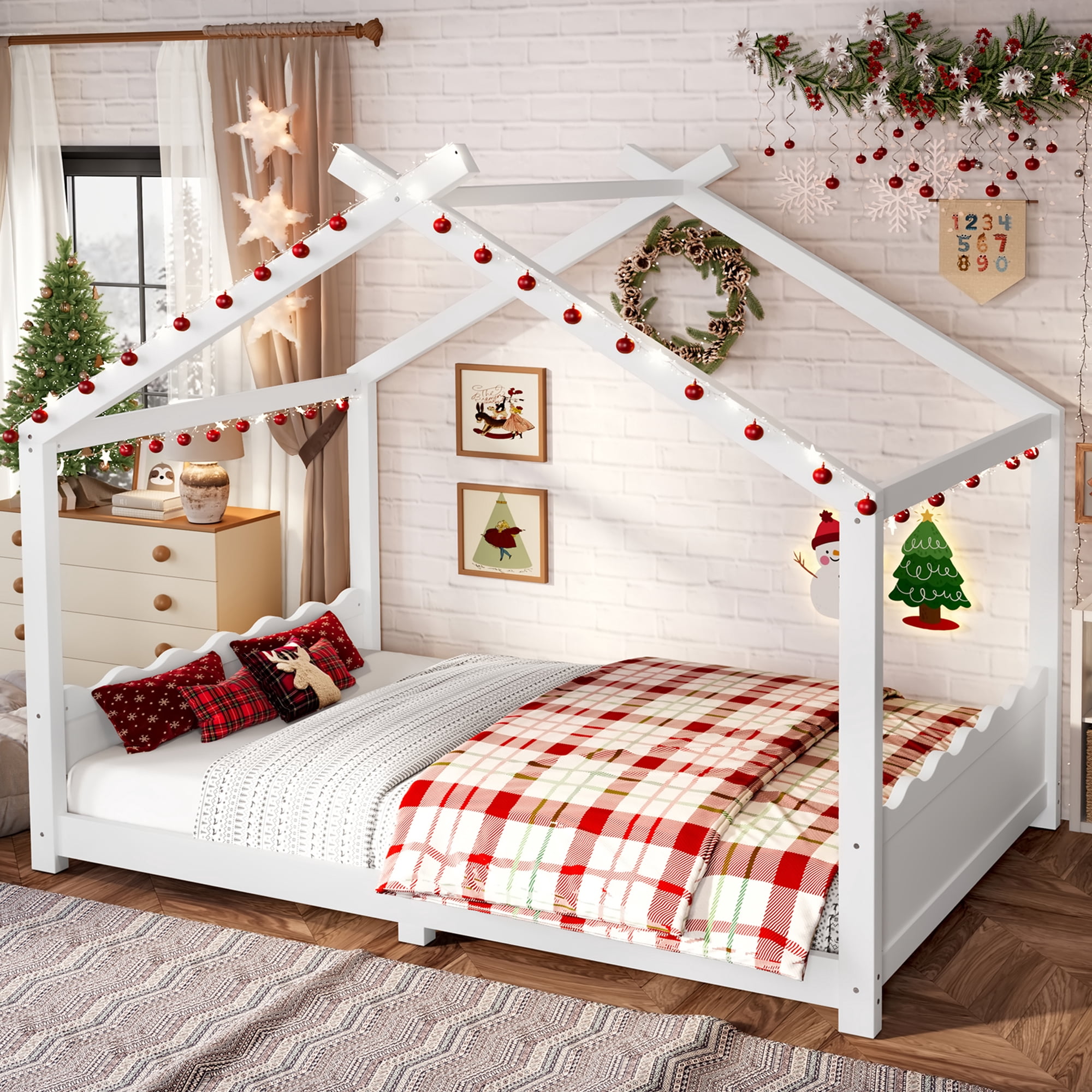 Leumius Full Size House Shape Bed,Montessori House Bed Solid Wood Floor Bed for Kids,No Box Spring Needed,Light White