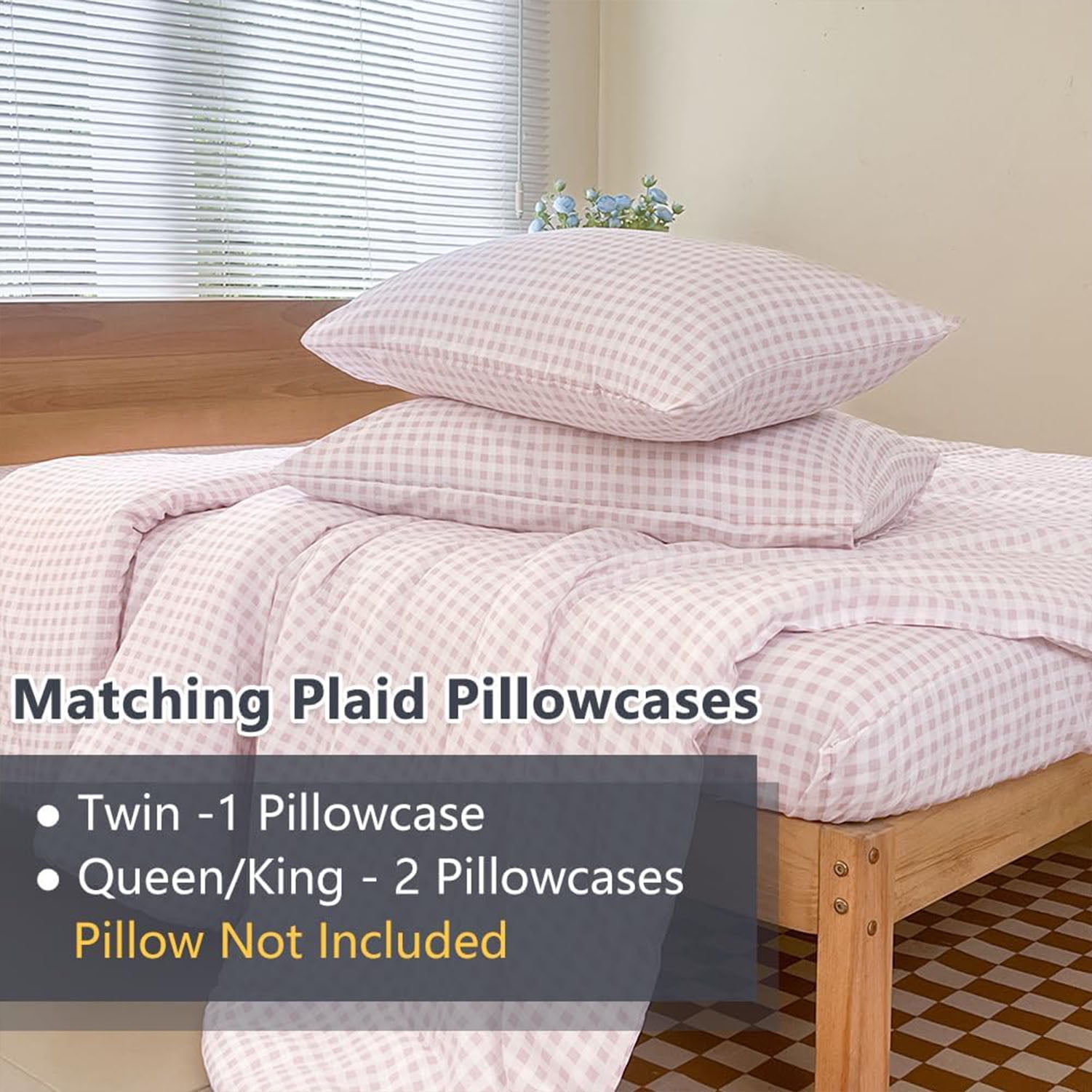 Pink Gingham King Comforter Set, Pink Plaid Bedding Set, Checked Bed Comforter 3 Pieces(Pink Gingham, King)