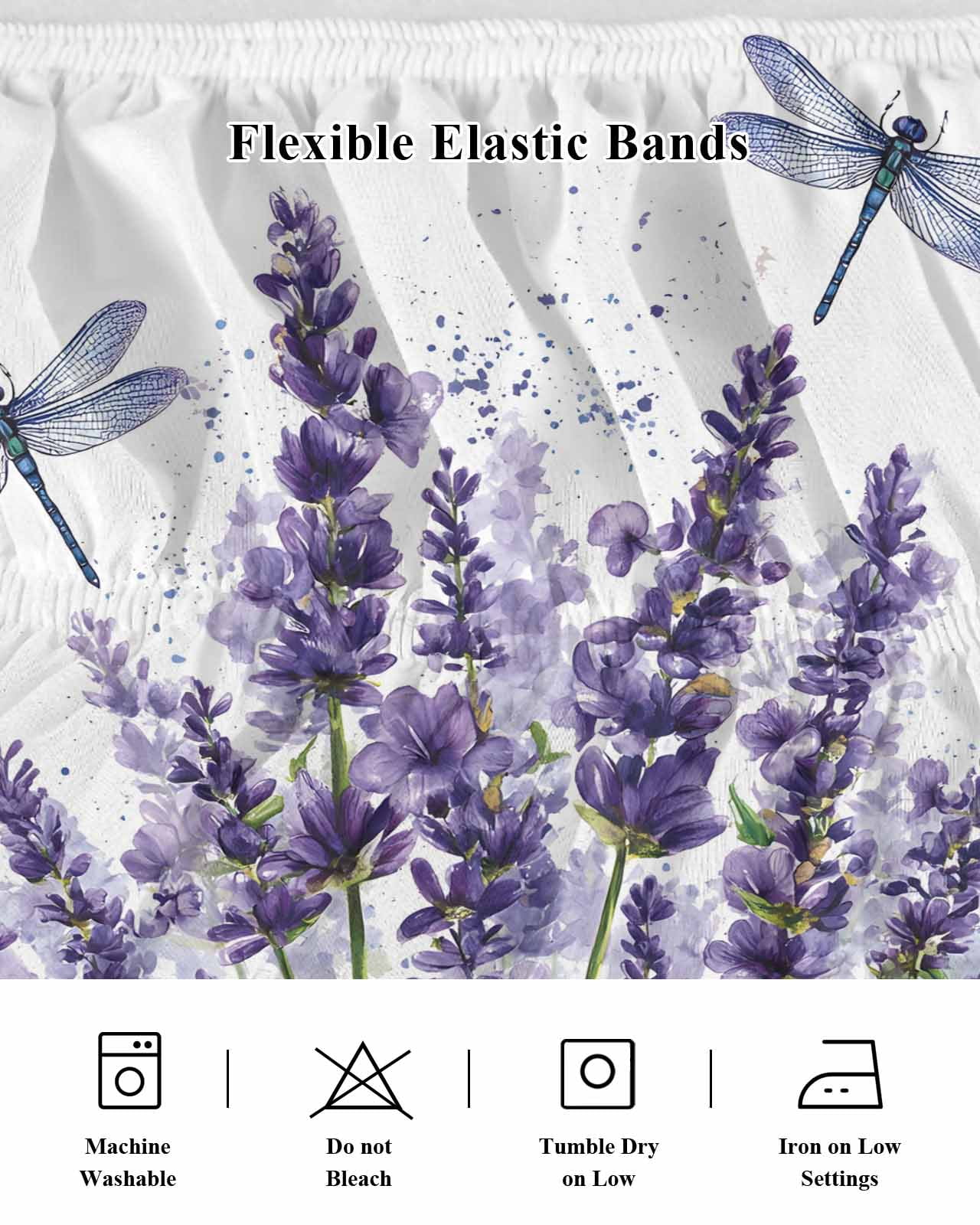 Purple Lavender Wrap Around Bed Skirts for Queen Bed 16" Drop,Bed Skirt with Adjustable Elastic Belt Dust Ruffle Bed Valance for Bedroom Hotel Pastoral Botanical Floral Dragonfly Bed Frame Cover