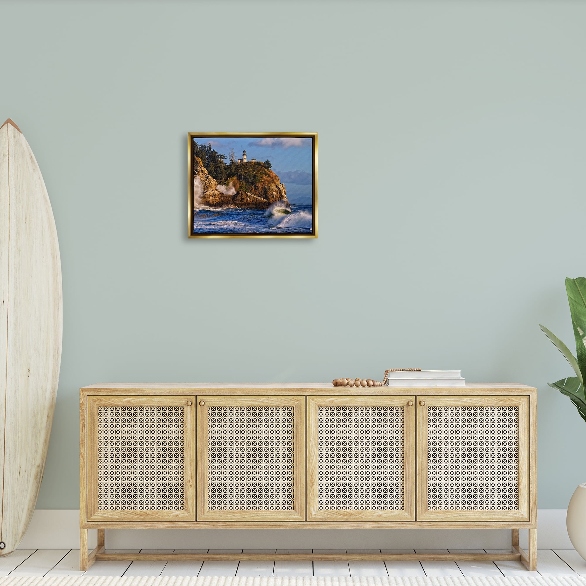 Stupell Rolling Sea Waves Lighthouse Cliff Landscape Photography Gold Floater Framed Art Print Wall Art