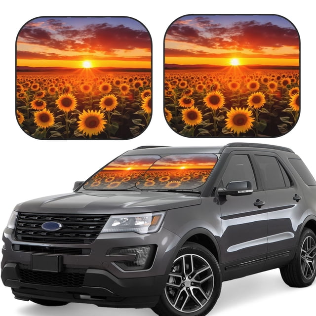 Fotbe Sunset Golden Sunflower Field Juego de 2 Piezas de Parasoles para Parabrisas | Bloqueador Solar para Auto | Accesorios Plegables para Protección Solar Interior-Medium