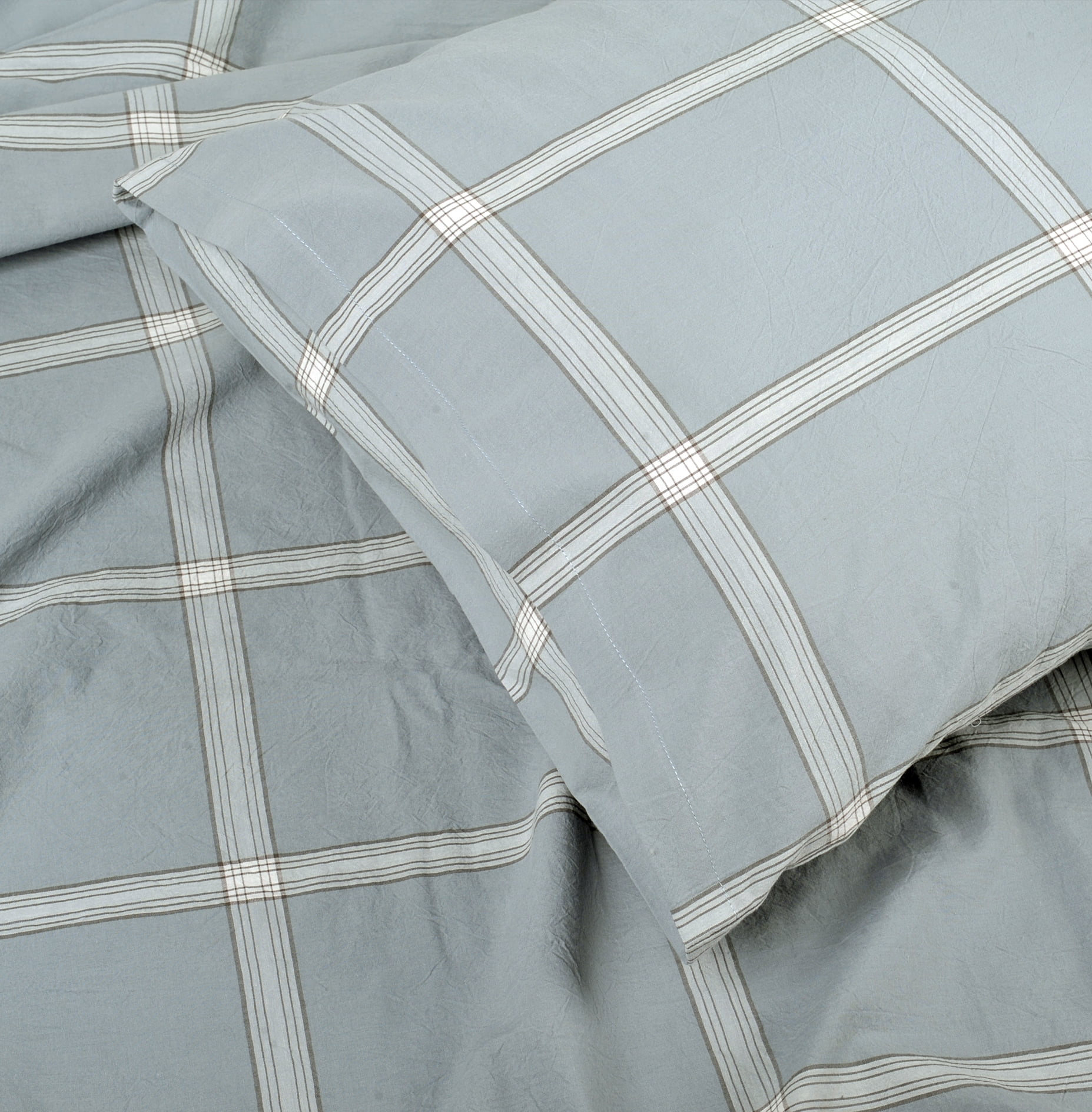 Home Soft Things 3 Piece Washed Cotton Duvet Cover Set, Windowpane, Blue, King (102" x 90")