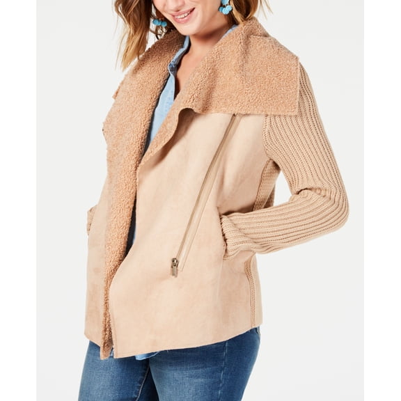 Style & Co Petite Faux Shearling Knit Sleeve Jacket Camel PXL