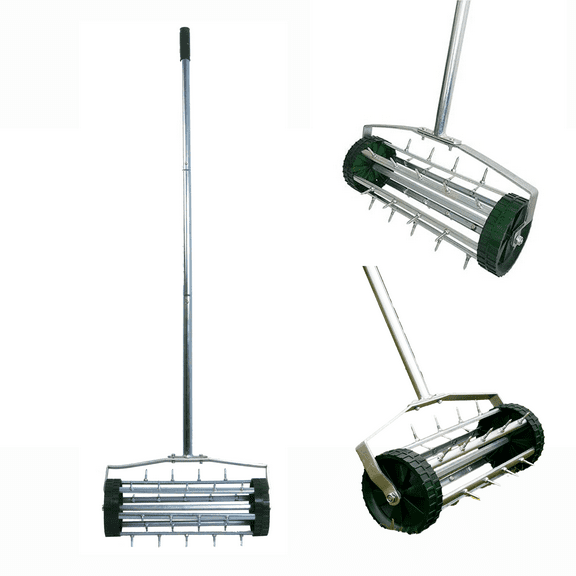 16" Manual Lawn Aerator Heavy Duty Rolling Push Grass Aeration Tool with Handle Filled with 3-Piece Long Steel Handle for Garden Yard Grass Maintenance