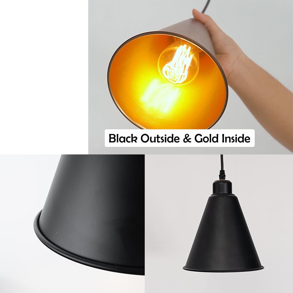 KAYYELAMP 3-Pack Sloped Position 3.2 Ft Adjusted Black Twisted Cord Ceiling Light Fixture E26 Base Inner Gold Cone Shade Black Vintage Remote Dimmable Hanging Lamp for Inclined Roof