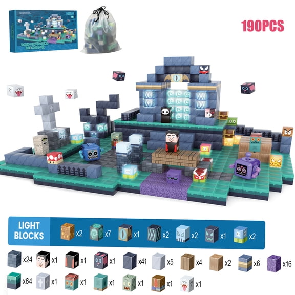 190 PCS Magnetic Building Blocks Set with 17 Light-Up Cubes, Fantasy Monster Adventure Construction Toy, STEM Learning Building Kit with Figures, Educational Gift for Boys Girls Ages 3