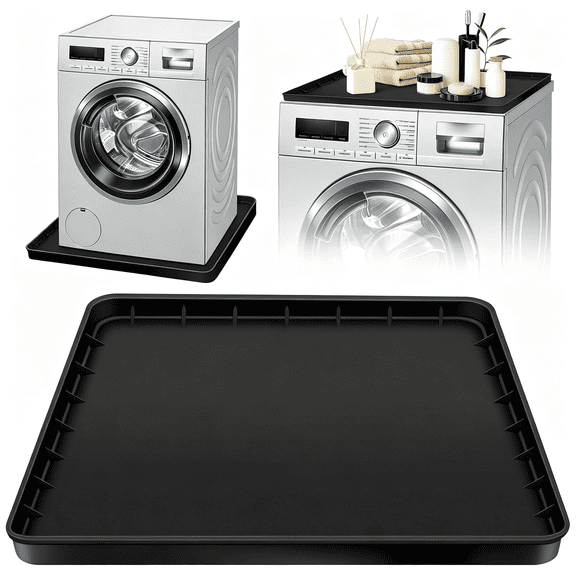 RLESO 27"X27" Washing Machine Drain Pan Mat,Soft Silicone Washer Drip Tray with 0.78" Raised Edge,Water-Proof Anti-Vibration Leak-Proof Floor Protector for under Washer,Dryer,Fridge (Black)