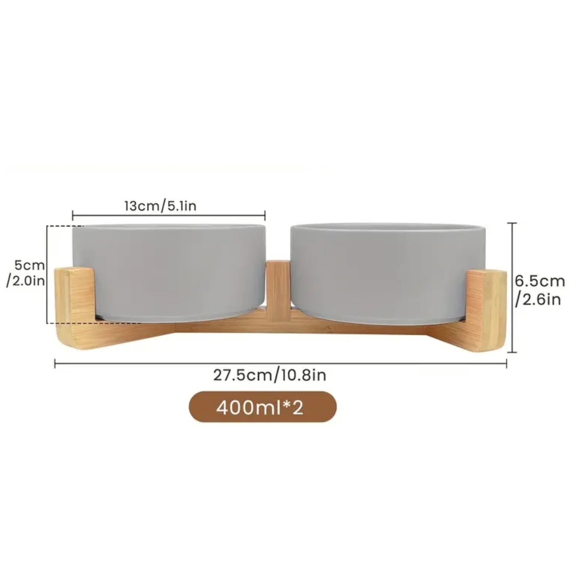 Ceramic Dog and Cat Bowl with Wood Stand Non-Slip Matte Glaze Weighted Food Water Set for Cats &Small Dogs 13.5OZ