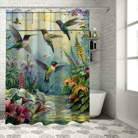 Fenyluxe Hummingbirds Flowers Shower Curtain with Hooks, Chic Modern Bathroom Decor Set, 100% Polyester Fabric, Various Sizes 36"x72