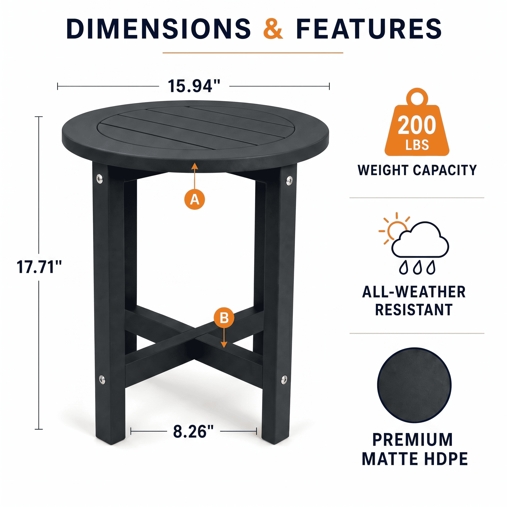 HDPE All-Weather Outdoor Side Table, 15.94×15.94×17.71 Inch Compact Patio End Table, Space-Saving Small Weatherproof Side Table for Porch Balcony Poolside