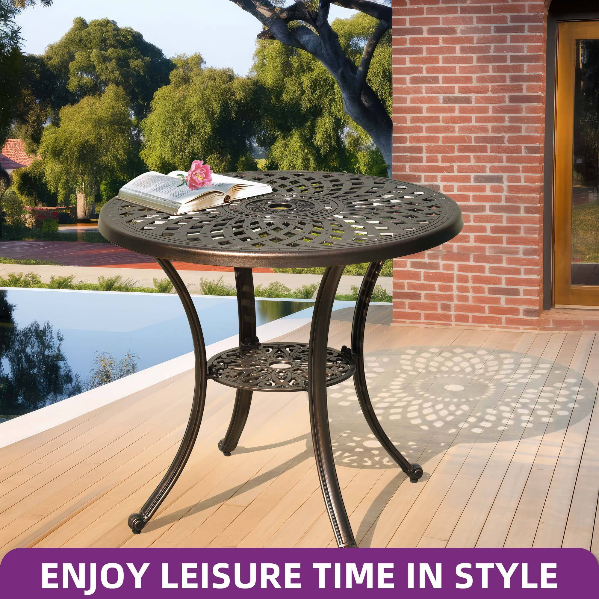 Uforic 30 Inch Round Outdoor Patio Dining Table, Cast Aluminum Bistro Table with Umbrella Hole, Weather Resistant Side Table for Garden Backyard Porch, Hammered Bronze Finish