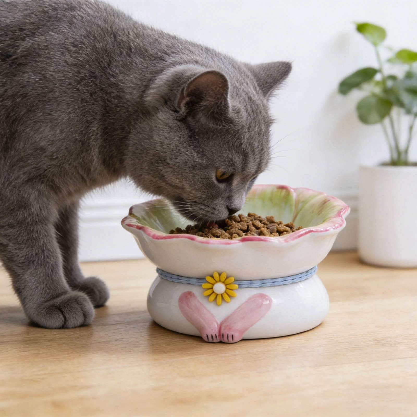 FTsdfkl Tilted Cat Bowl 15Â° - Ceramic Elevated Pet Food Dish, Elevated Floral Pattern,Non- Base for Cats/Dogs,Shallow Design,Anti Vomiting & Protect Pet's Spine