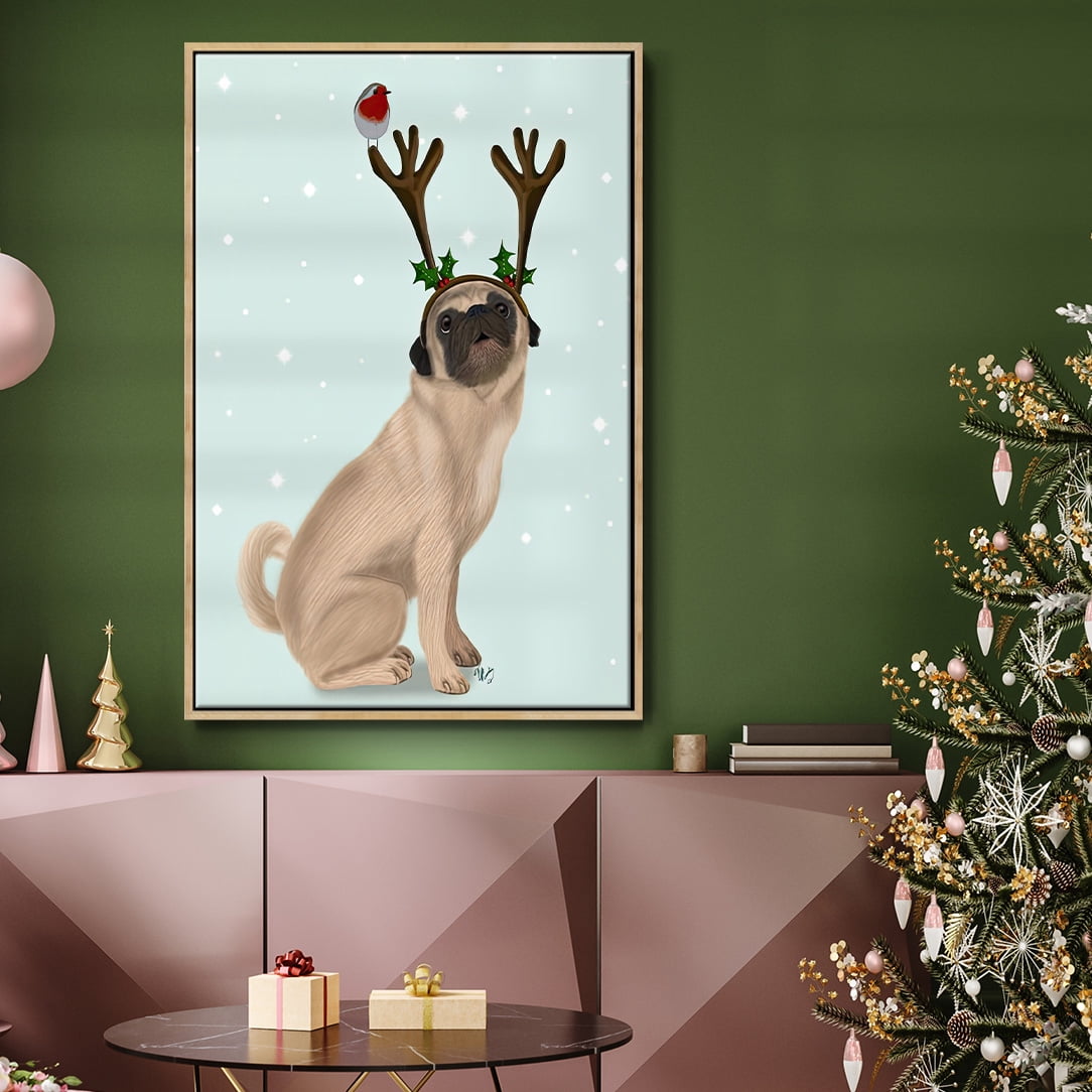 Christmas Pug with Antlers and Robin - Framed Gallery Wrapped Holiday Canvas - 27 x 41 - Natural Wood Frame