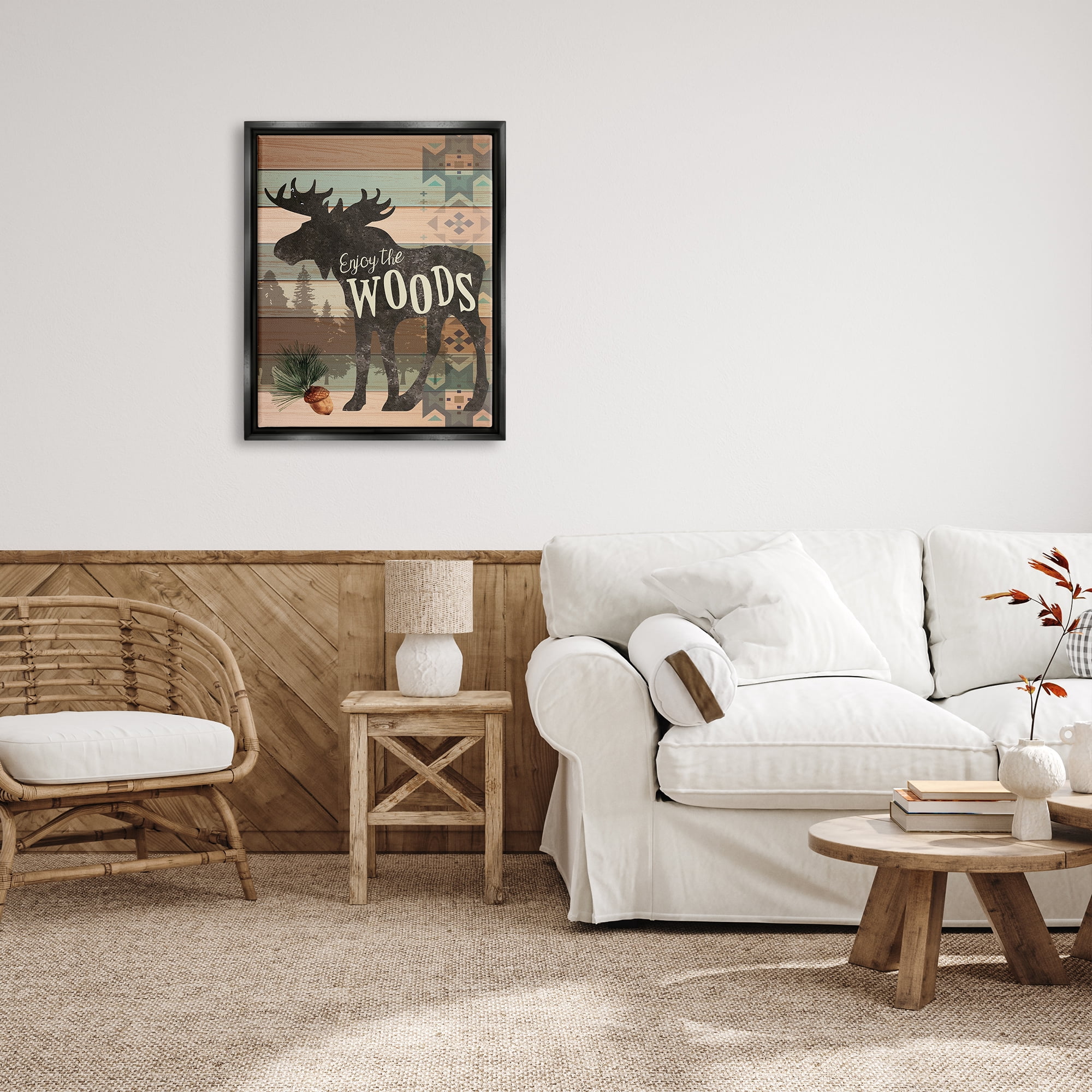 Stupell Enjoy The Wood Patterned Moose Animals & Insects Painting Black Floater Framed Art Print Wall Art