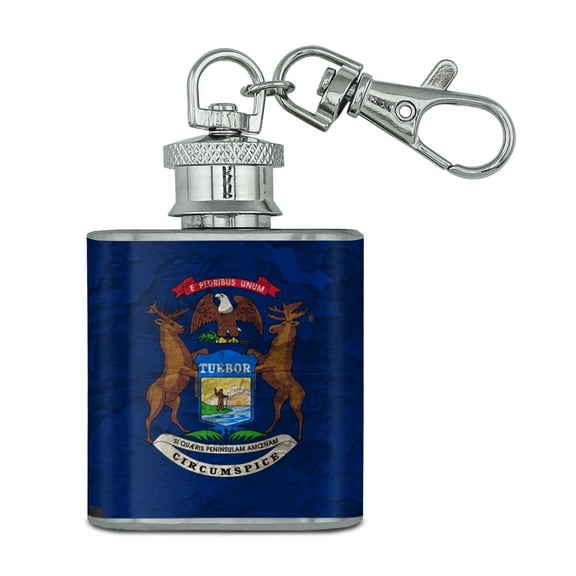 Rustic Michigan State Flag Distressed USA Stainless Steel 1oz Mini Flask Key Chain
