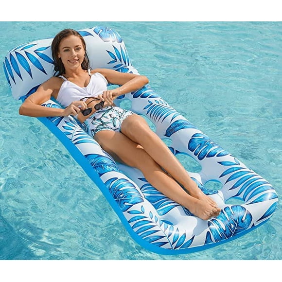 Oversized Pool Float Lounge 72” X 37” Extra Large Fabric-Covered Pool Floats for Adults Inflatable Contour Lounger with Headrest Ultra-Comfort Cooling Pool Raft-2 Pack