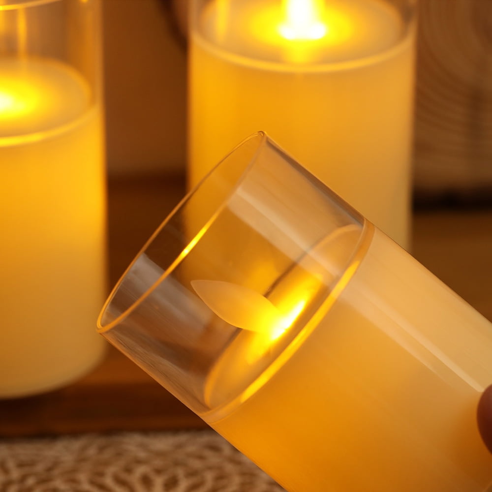 DONGPAI Glass Flameless Candles Battery Operated, LED FLameless Flickering 3D Wick Pillar Candles for Festival Wedding Christmas Home Party Decor, 3 Pack