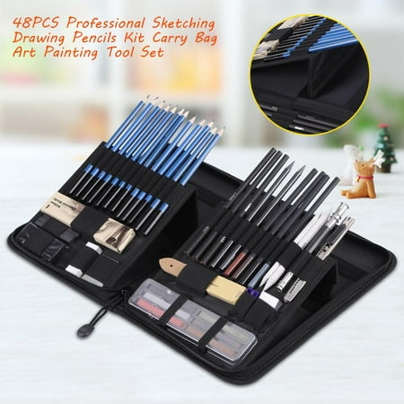 Qiilu 48pcs Professionnel Crayons à Dessin Dessin Kit Sac De Transport Art Outil De Peinture Ensemble étudiant Noir Crayon Ensemble De Croquis