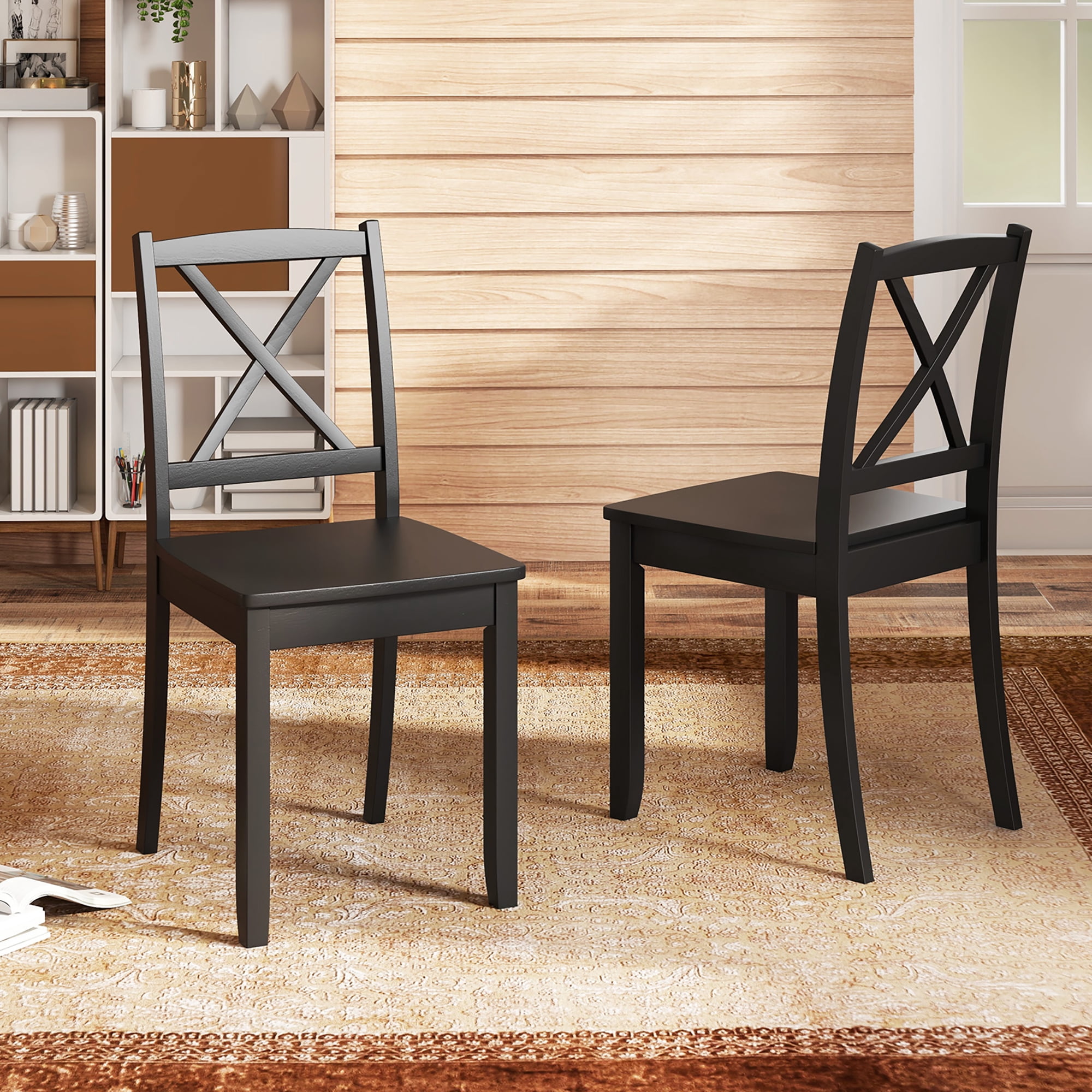 Gymax Dining Chair Set of 4 Kitchen Side Chairs w/ Rubber Wood Legs & Cross Back Black
