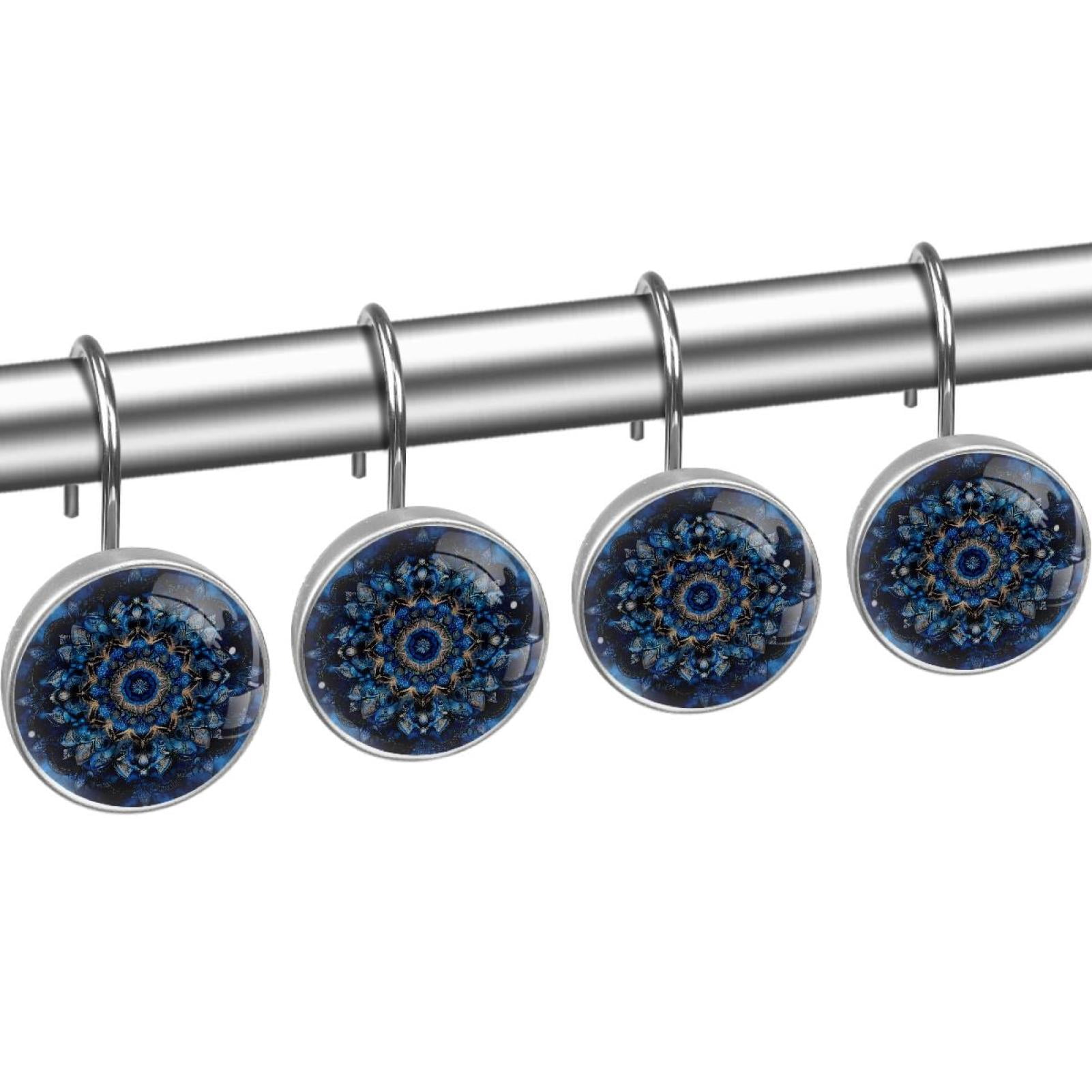 Blue Mandala Floral Shower Curtain Hooks Round Crystal Glass, Set of 12 Shower Curtain Rings - Shower Hooks for Curtain Shower Rings