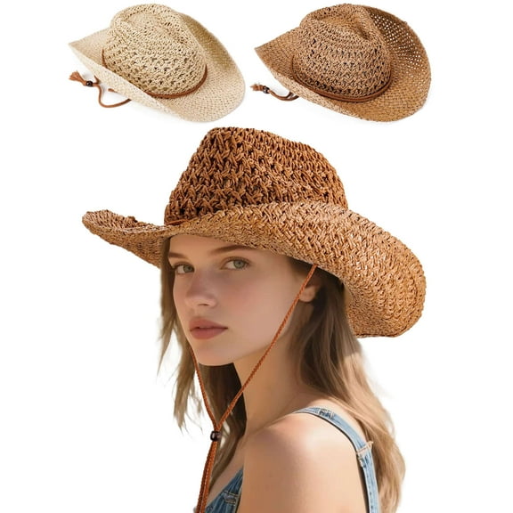 Deago Straw Cowboy Hat for Men Women Western Cowgirl Hat Shapeable Wide Brim Beach Sun Hat with Adjustable Chin Strap (Khaki)