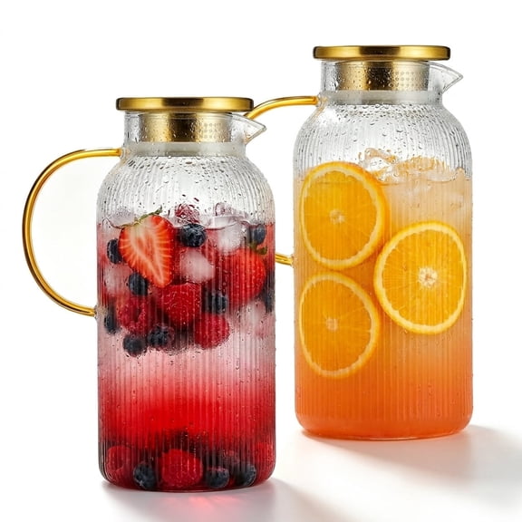 2 Pack Glass Water Pitcher with Lid, 68 oz (2 Liter) Borosilicate Glass Pitcher with Spout, Large Glass Iced Tea Pitcher with Lid, Beverage Carafe for Water, Juice, Cold Brew