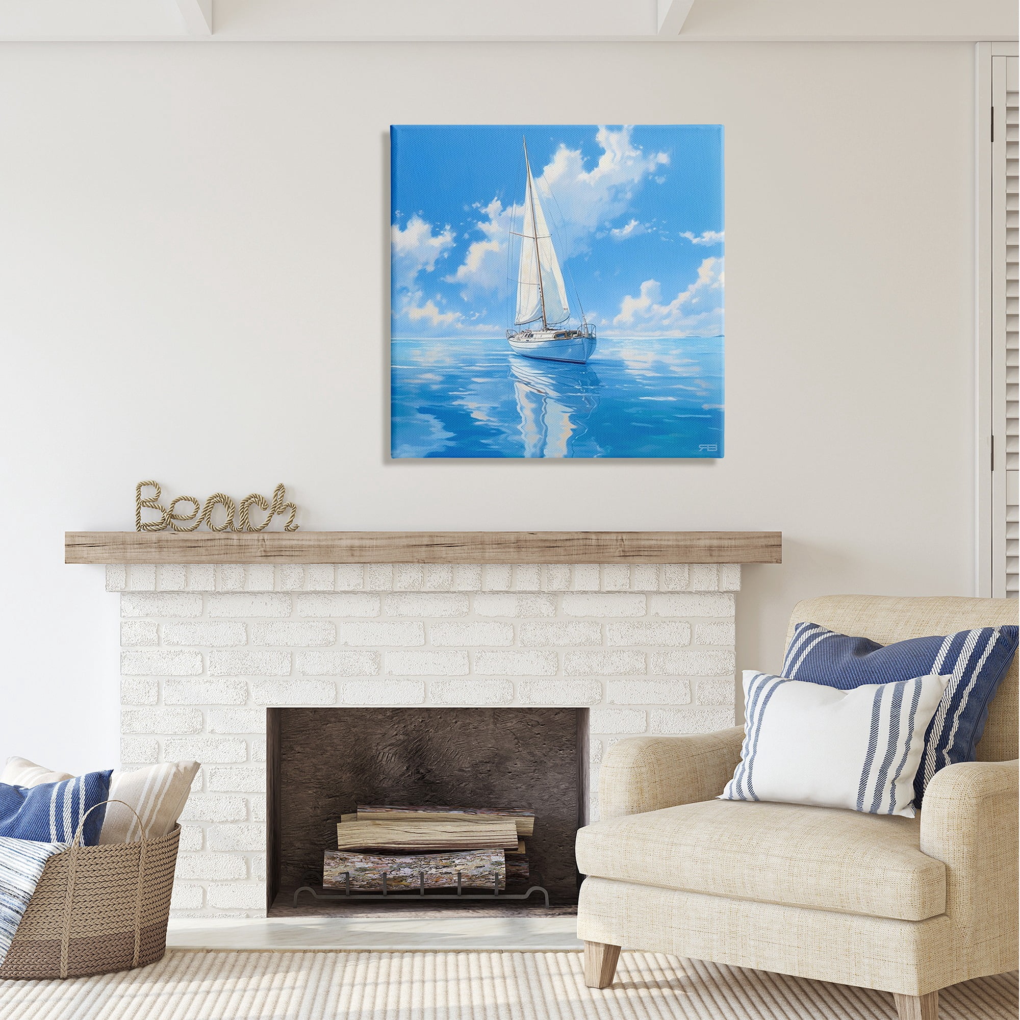 Stupell Industries Vivid Blue Sailboat Reflection Transportation Painting Gallery Wrapped Canvas Art Print Wall Art, 30 x 30