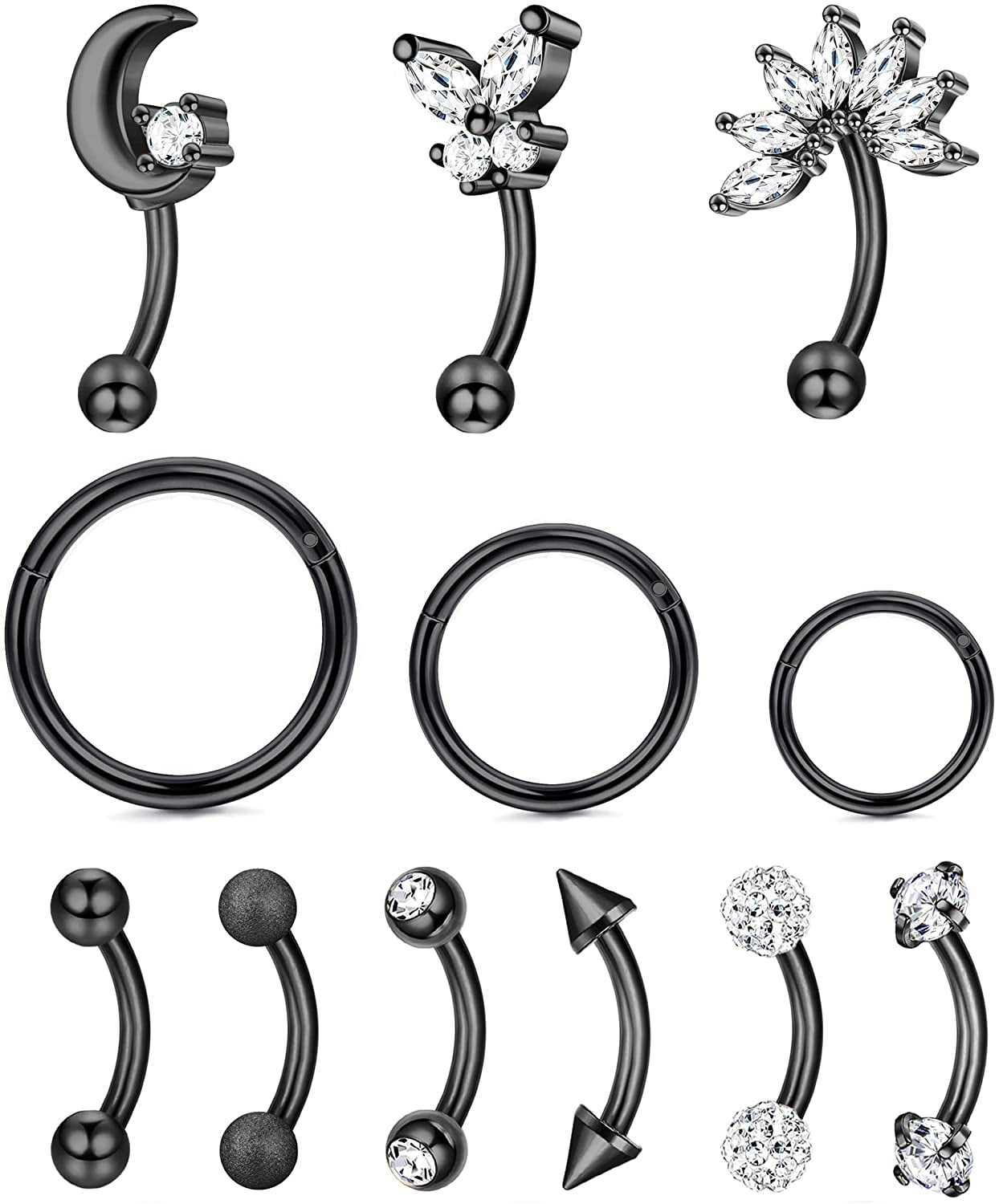 12Pcs 16G 316L Stainless Steel Rook Daith Earrings Belly Ring Eyebrow Studs Cartilage Tragus Cubic Zirconia Barbell Body Piercing Jewelry for Women Men 10mm