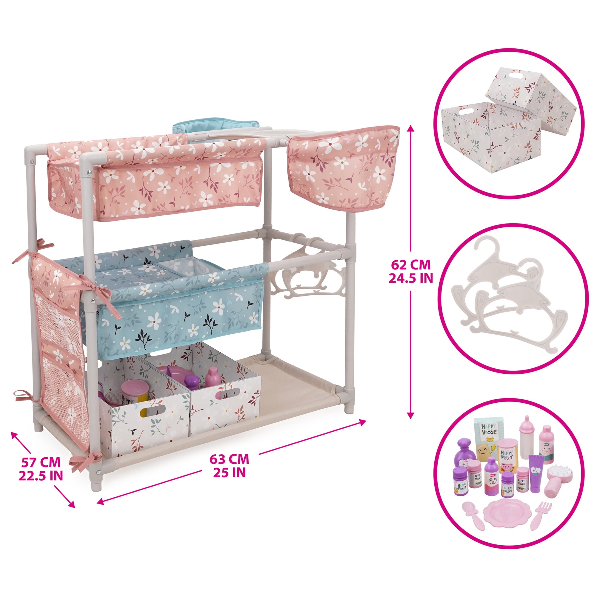 509 Crew: Springtime - Twin Center & Accessories Set - Pink-Blue-Flowers, Bunk Bed Highchair Station, 15 Feeding-Grooming Accessory Toys, Kids 3+