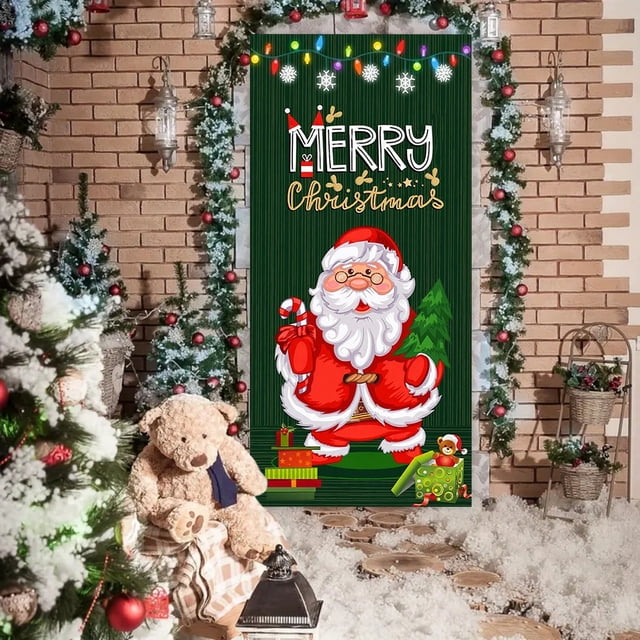 Christmas Door Curtain Flag Outdoor Photo Santa Claus And Puppy Background Decoration Hanging Fabric