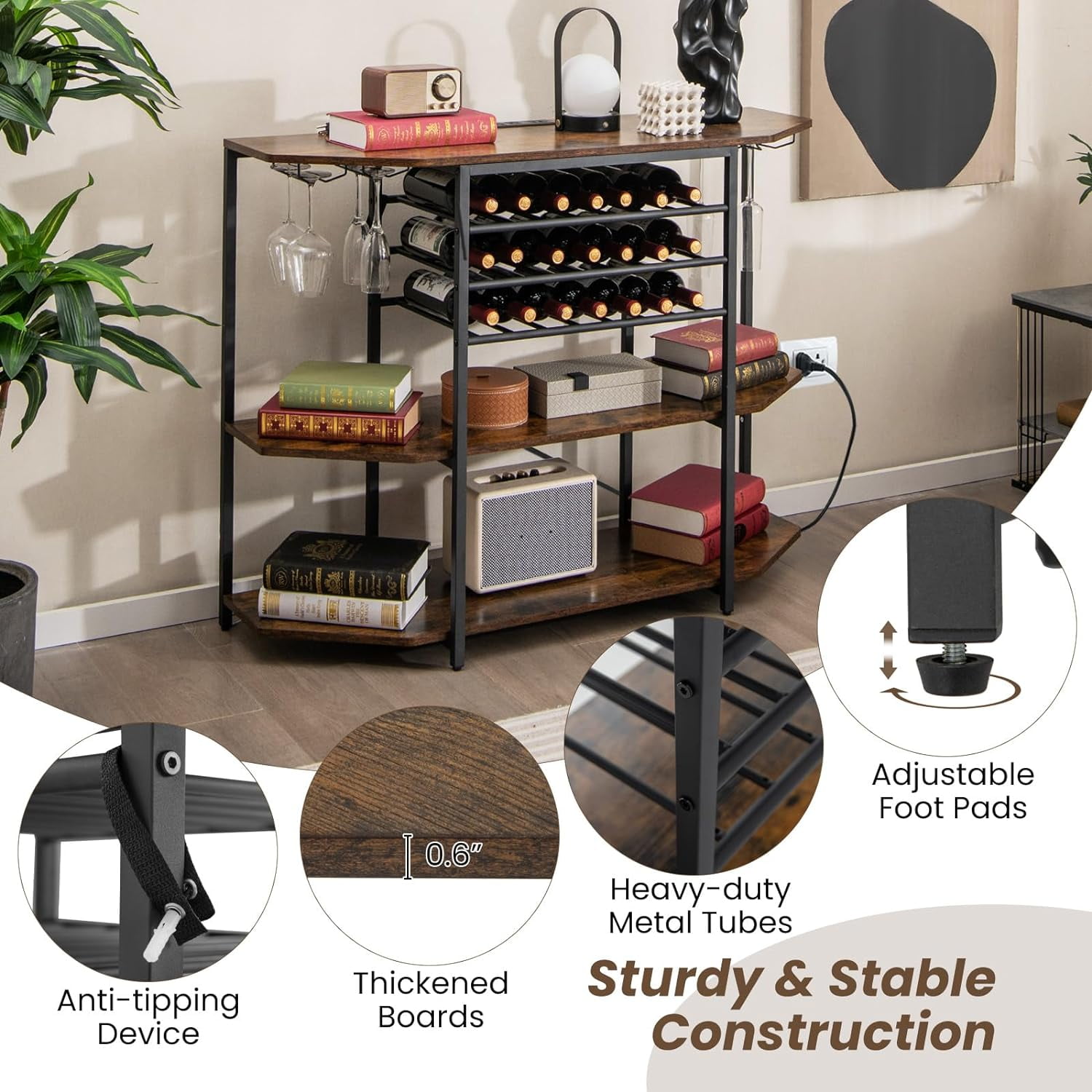 Wine Bar Cabinet with 3 Tier Wine Racks Wine Storage, Glasses Holder, Brown