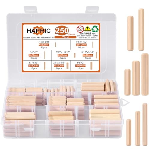 250 Pcs 8 Size Wooden Dowels 1/4'' 5/16'' 3/8'' Wooden Dowel Pins Hardware Pins Fluted Wood Dowels for Crafts Furniture Woodworking DIY Crafts$$Hardware