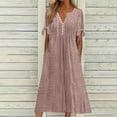 thumbnail image 2 of Yghzkop Women's Summer Dresses V Neck Short Sleeve Button Down Linen Blend Maxi Dress Casual Beach office Lightweight Breathable Loose Fit Long Dress with Pockets, 2 of 6