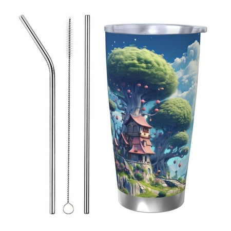 

Gaeub Fantasy Treehouse Planet Scene Print 20-Ounce Stainless Steel Car Cup Tumblers Cups with Lids and Straw Coffee Cups for Adults Kids Home Car Office School Travel Party-Straw Three-piece Set