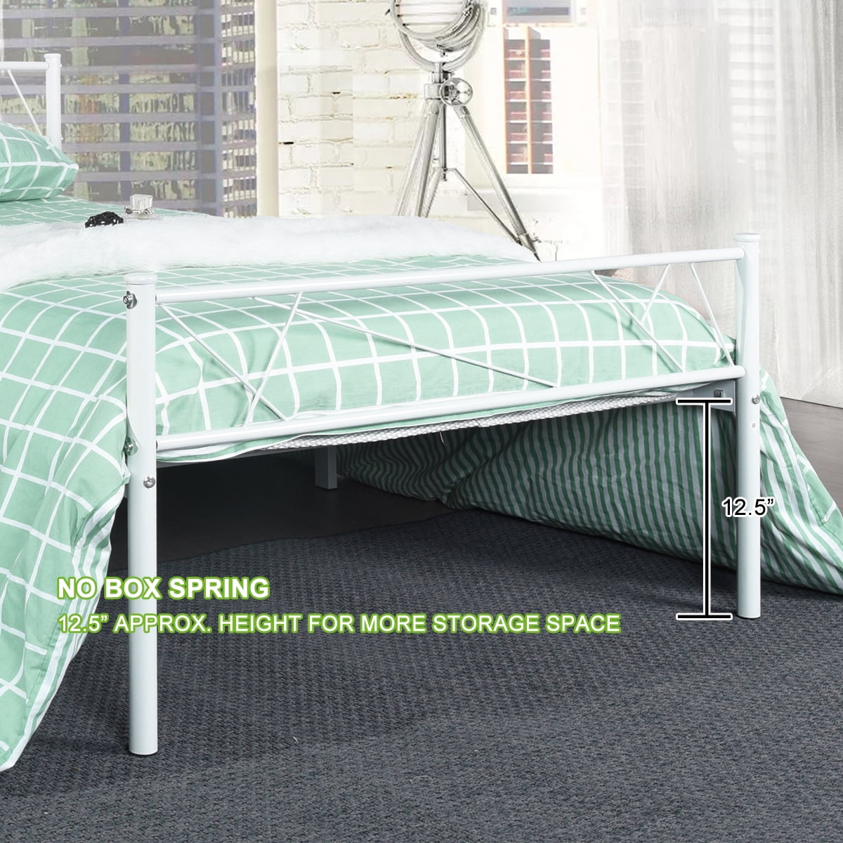 Geniqua Twin Size Bed Frame Steel White Foundation Classic Headboard Footboard Foundation Tool Free No Box Spring Needed