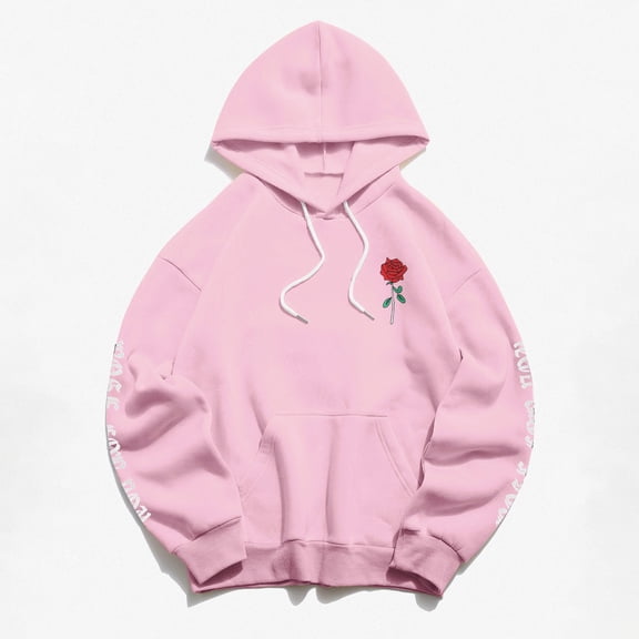 Cotton-Blend Hoodie Unisex Rose Letter Print Hooded Pullover Kangaroo Pocket Sweatshirt Womens Tops Fall Fashion 2023 Pink