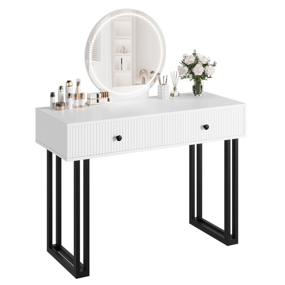 Smart LED Vanity Desk with Lighted Mirror and Soft Close Drawers, 3 Color Dimmable Makeup Dressing Table with Storage, Modern Bedroom Furniture White Black for Apartment Dorm Small Spaces