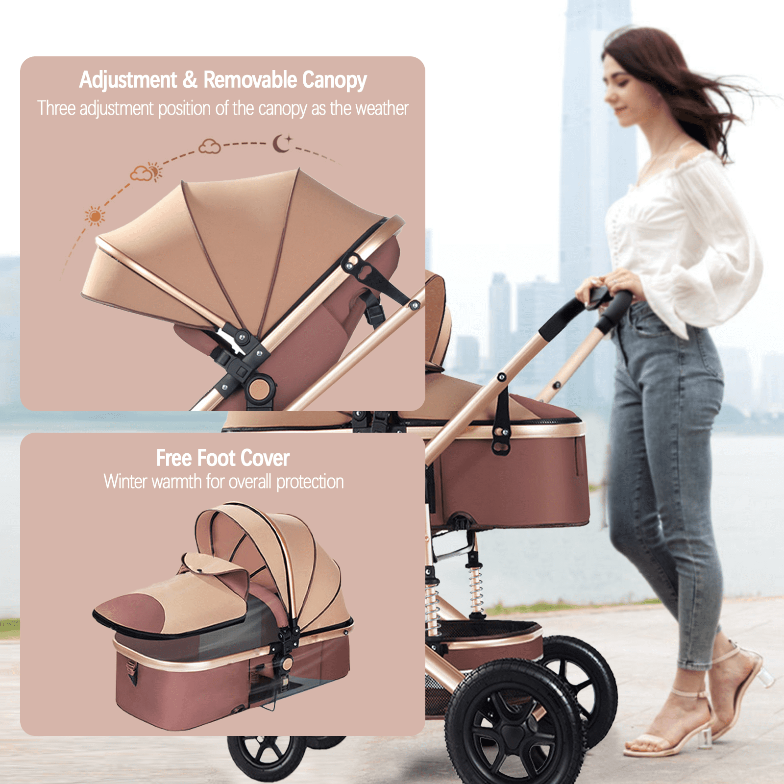 OEIKPFN Baby Stroller, Foldable Baby Stroller Reversible Bassinet, Travel Stroller for Newborn, Khaki